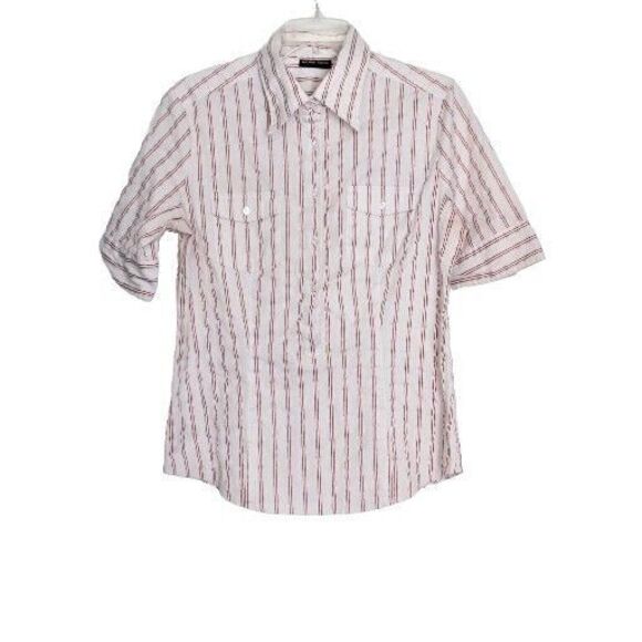 New York & Co Woman's Size L White & Red Striped Blouse Short Sleeves Stretch - Picture 1 of 4